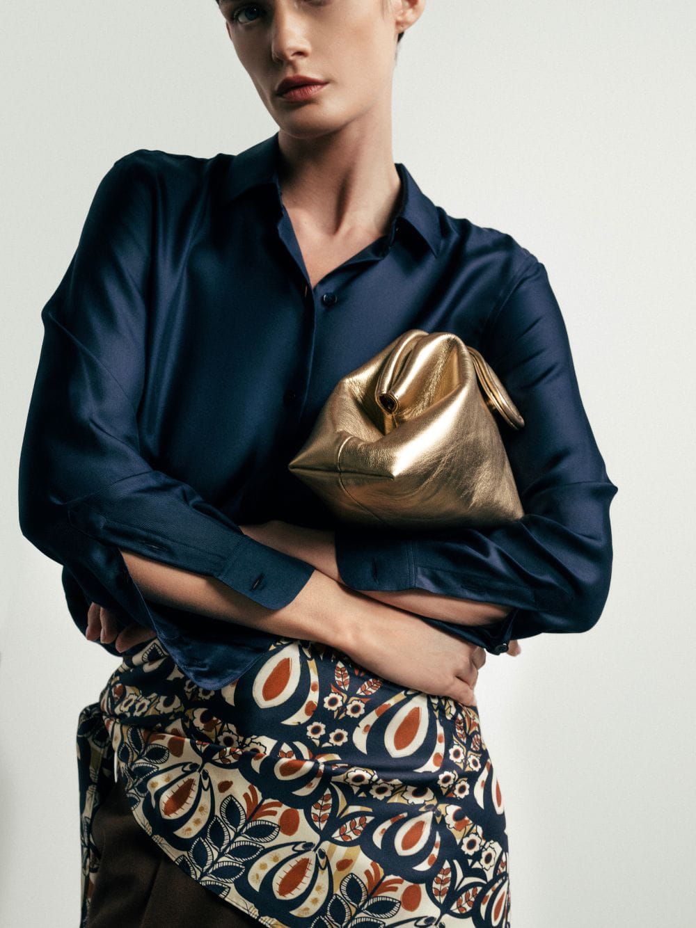 Mavie Gold Leather Clutch with Closure