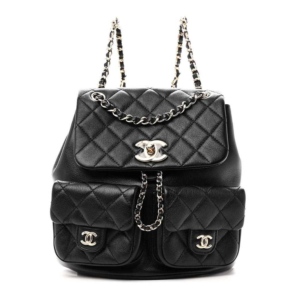 Calfskin Quilted Medium Duma Pockets Drawstring Backpack Black