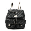 Calfskin Quilted Medium Duma Pockets Drawstring Backpack Black
