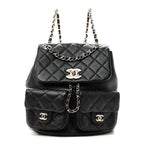 Calfskin Quilted Medium Duma Pockets Drawstring Backpack Black