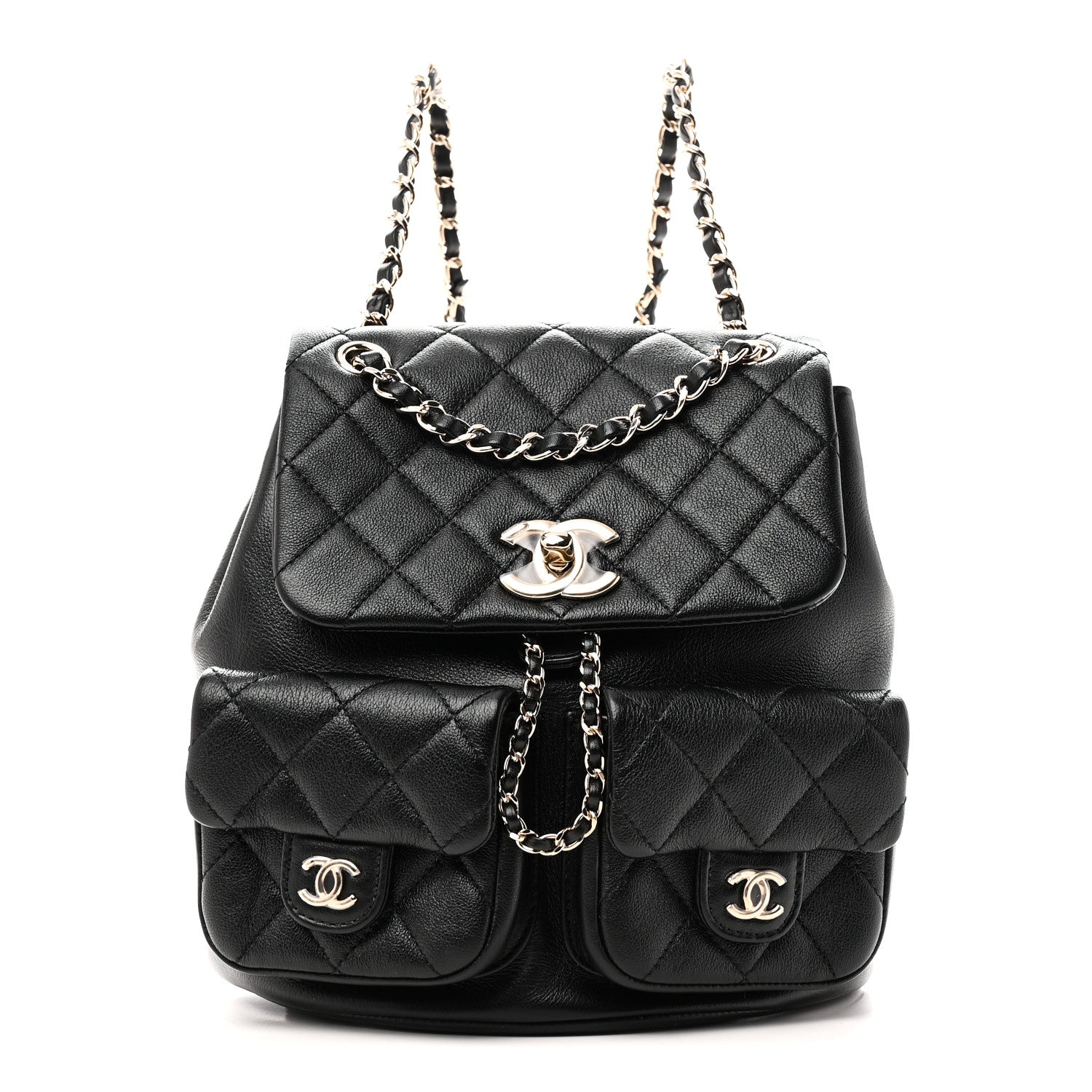 Calfskin Quilted Medium Duma Pockets Drawstring Backpack Black
