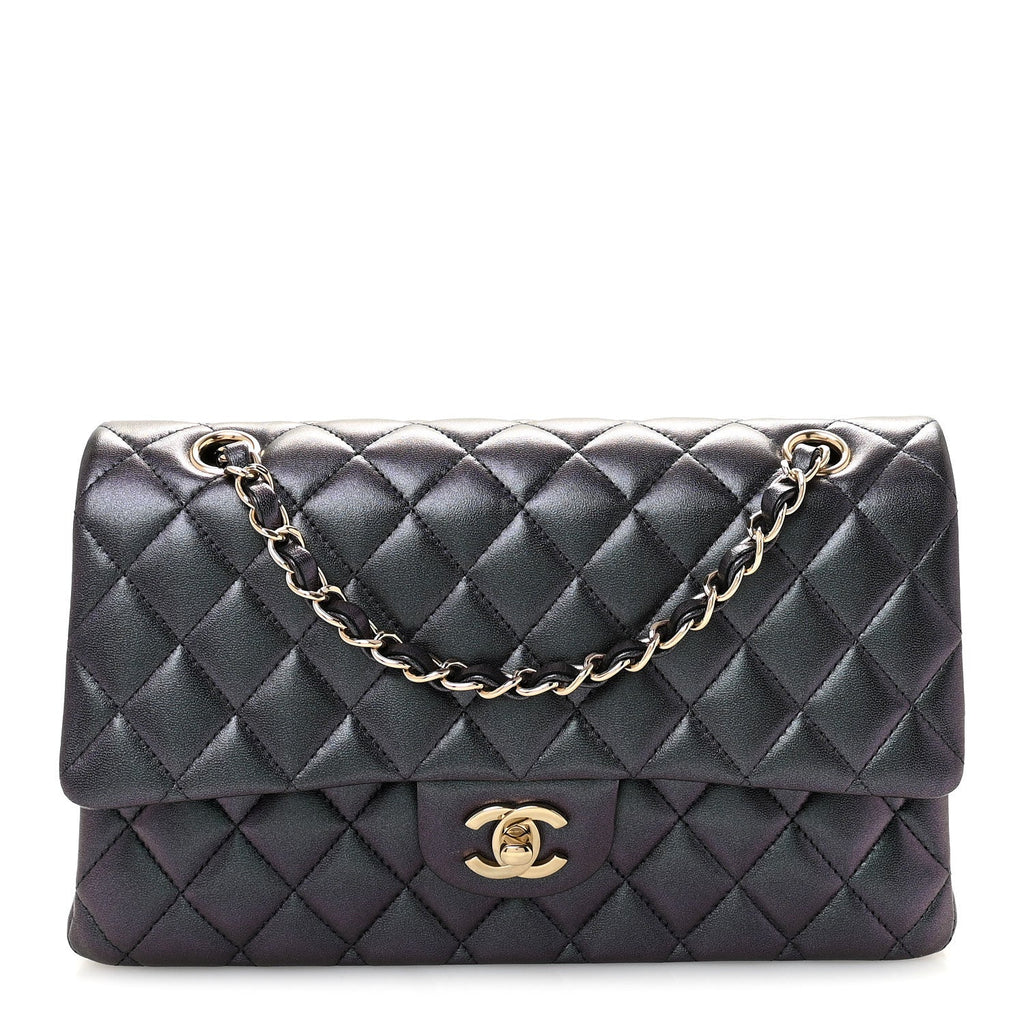 Iridescent Lambskin Quilted Medium Double Flap Black