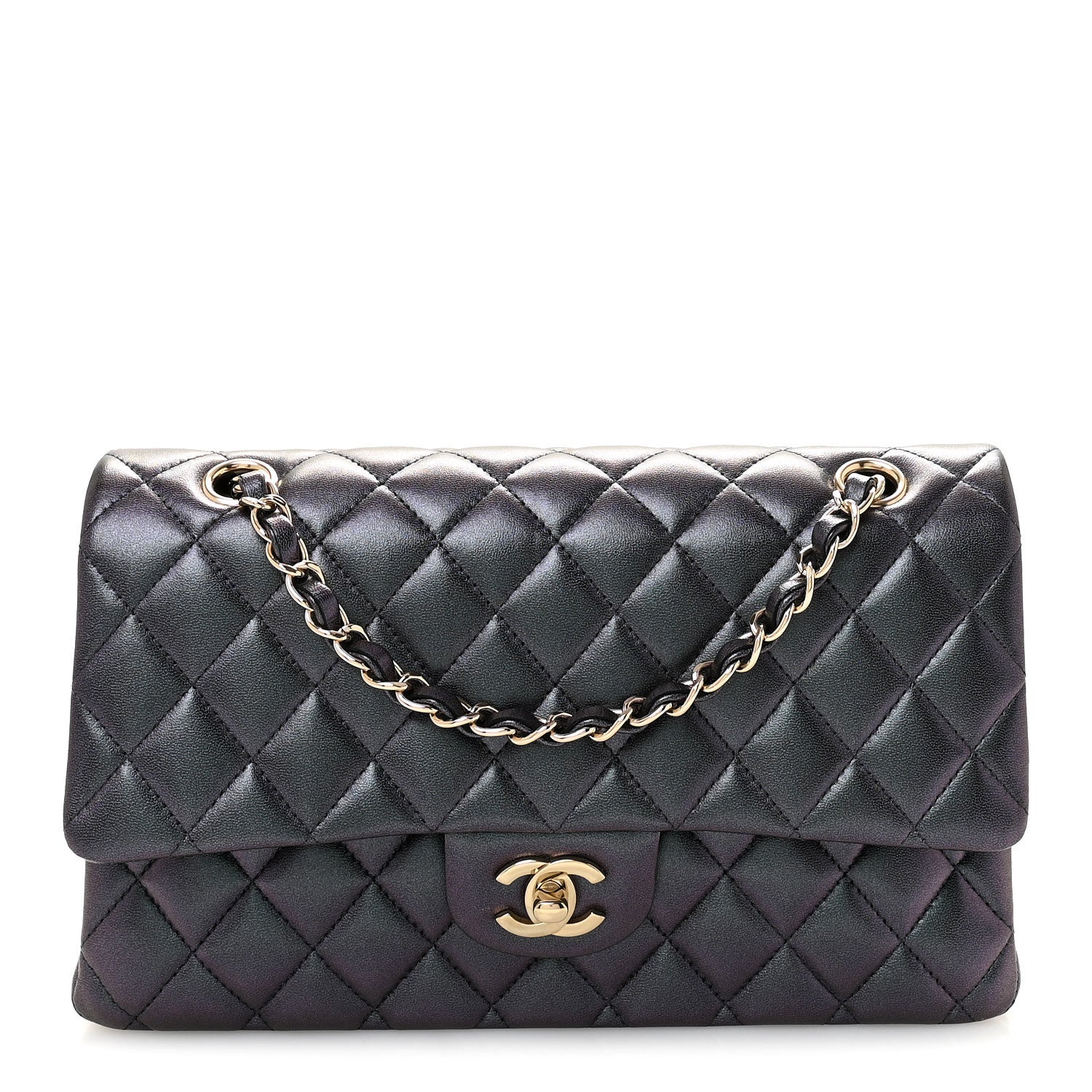 Iridescent Lambskin Quilted Medium Double Flap Black