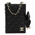 Lambskin Quilted Book Card Holder on Chain Black