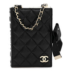 Lambskin Quilted Book Card Holder on Chain Black