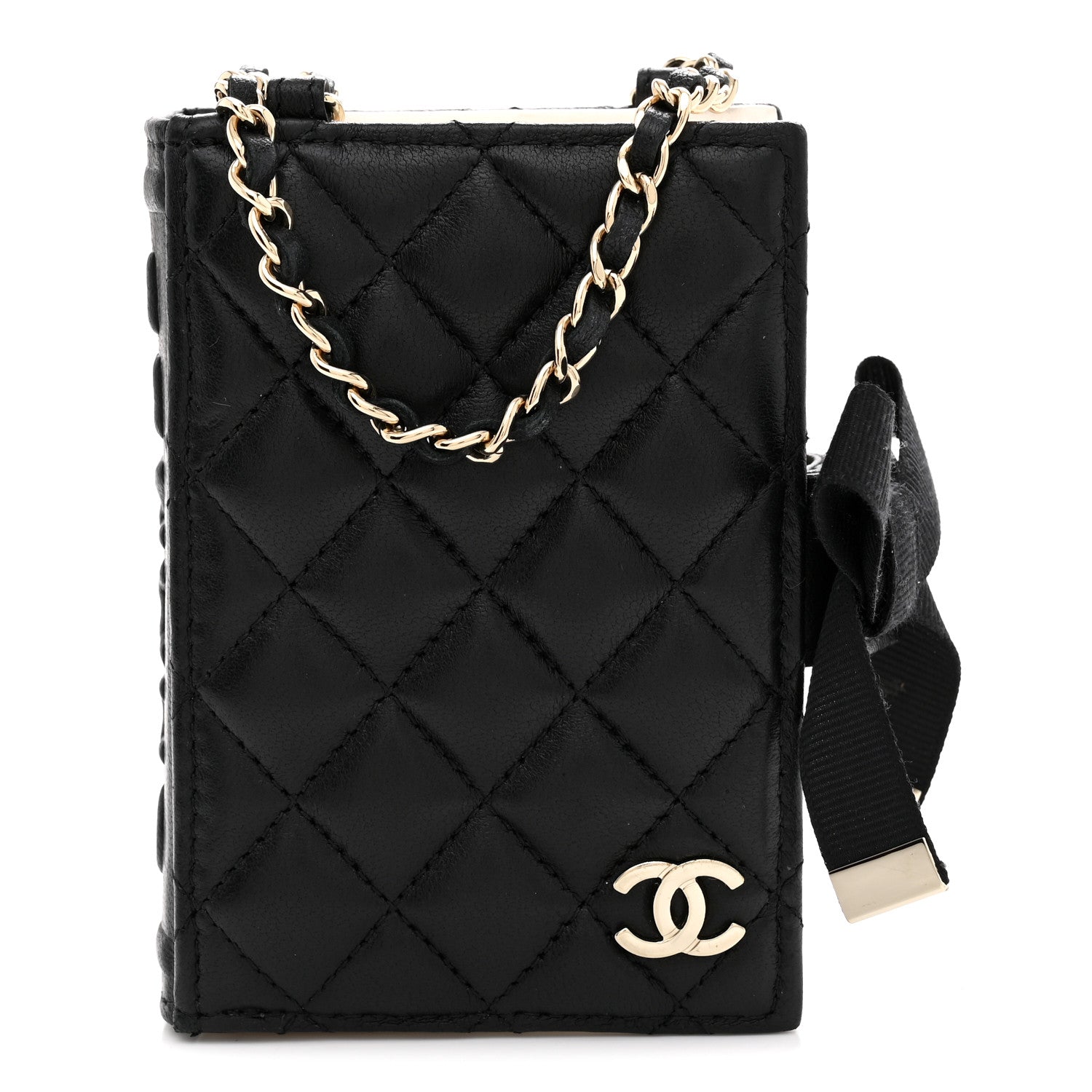 Lambskin Quilted Book Card Holder on Chain Black
