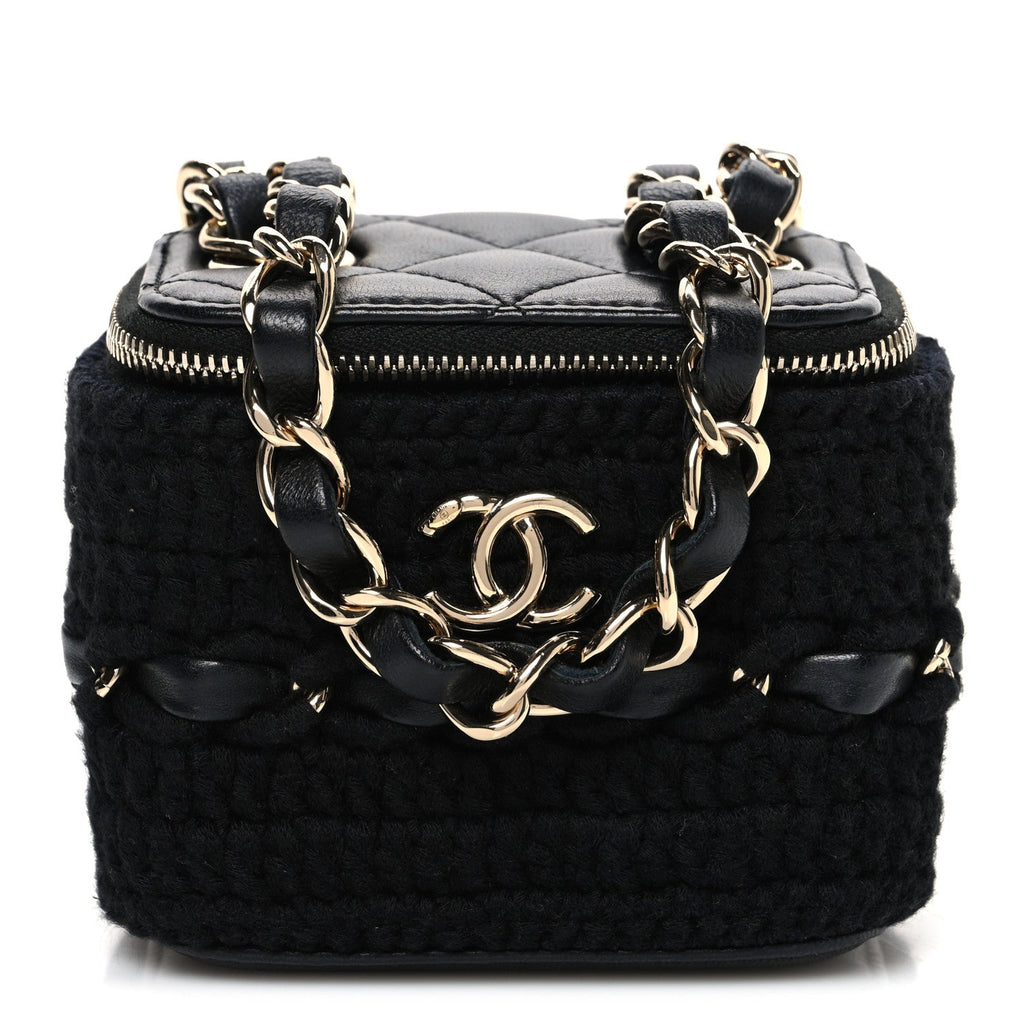 Lambskin Crochet Quilted Mini Vanity Case With Chain Black