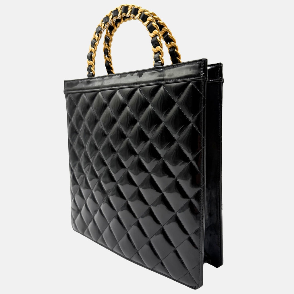 Tote Bag Black Patent Quilted Leather Chain Handles