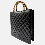 Tote Bag Black Patent Quilted Leather Chain Handles