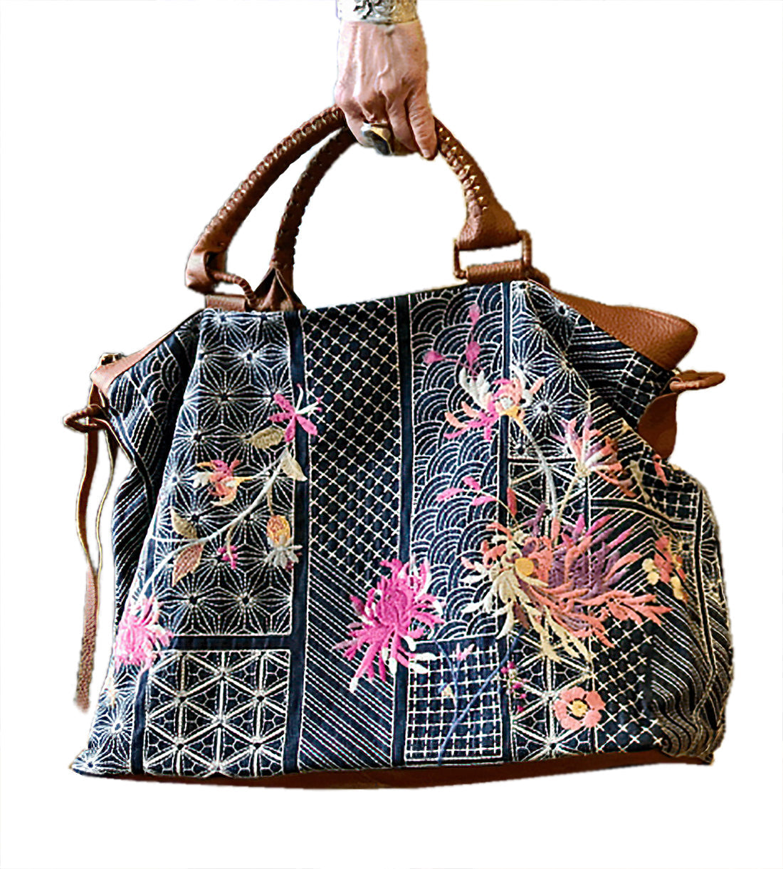 Johnny Was Viviana Denim Weekender Bag Floral Embroidery Handbag Brown Grey NEW