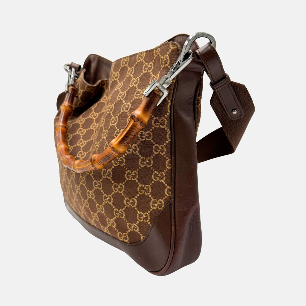 Shoulder Bag Brown Canvas with Bamboo Handle