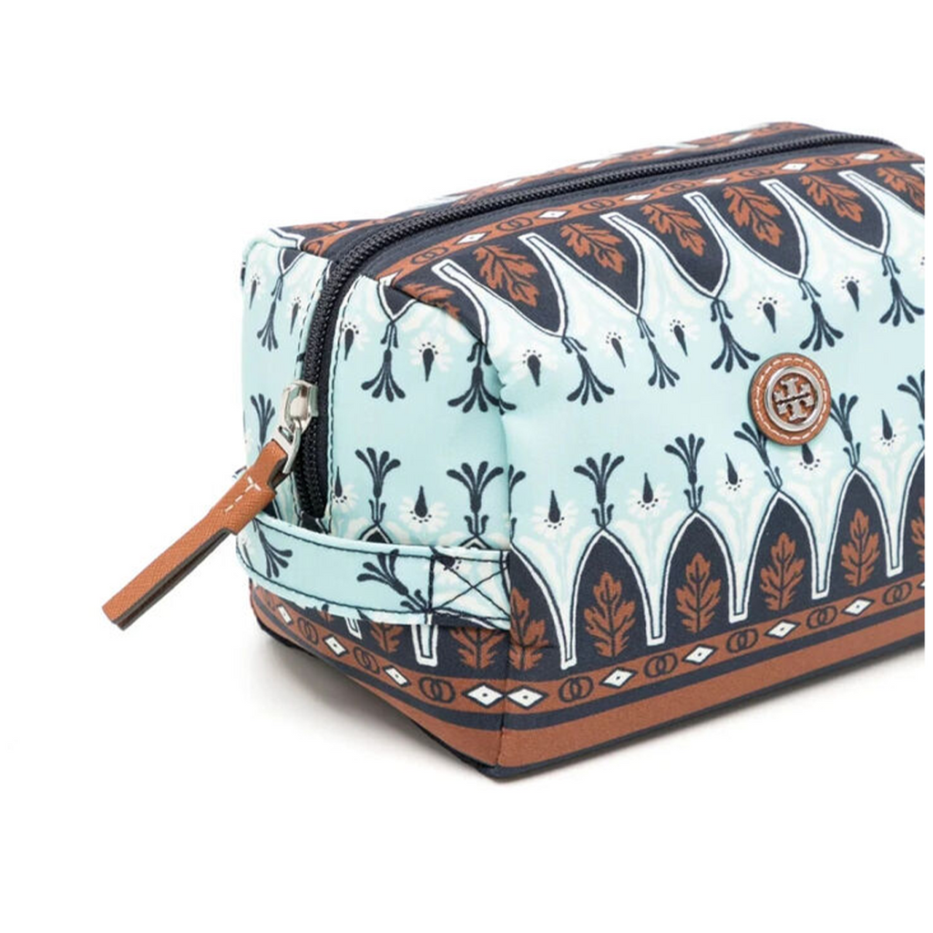 Tory Burch Virginia Cosmetic Case Blue Brown Pouch Bag Tori Handbag Make Up New