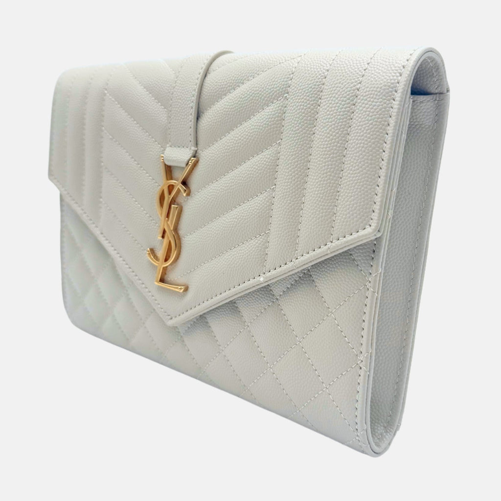 Saint Laurent Envelope Wristlet White Grain de Poudre Leather