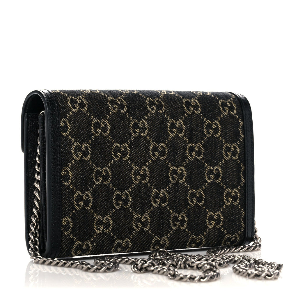 Gucci Dionysus GG Mini Chain Wallet Black Denim Handbag Silver Italy Bag NEW