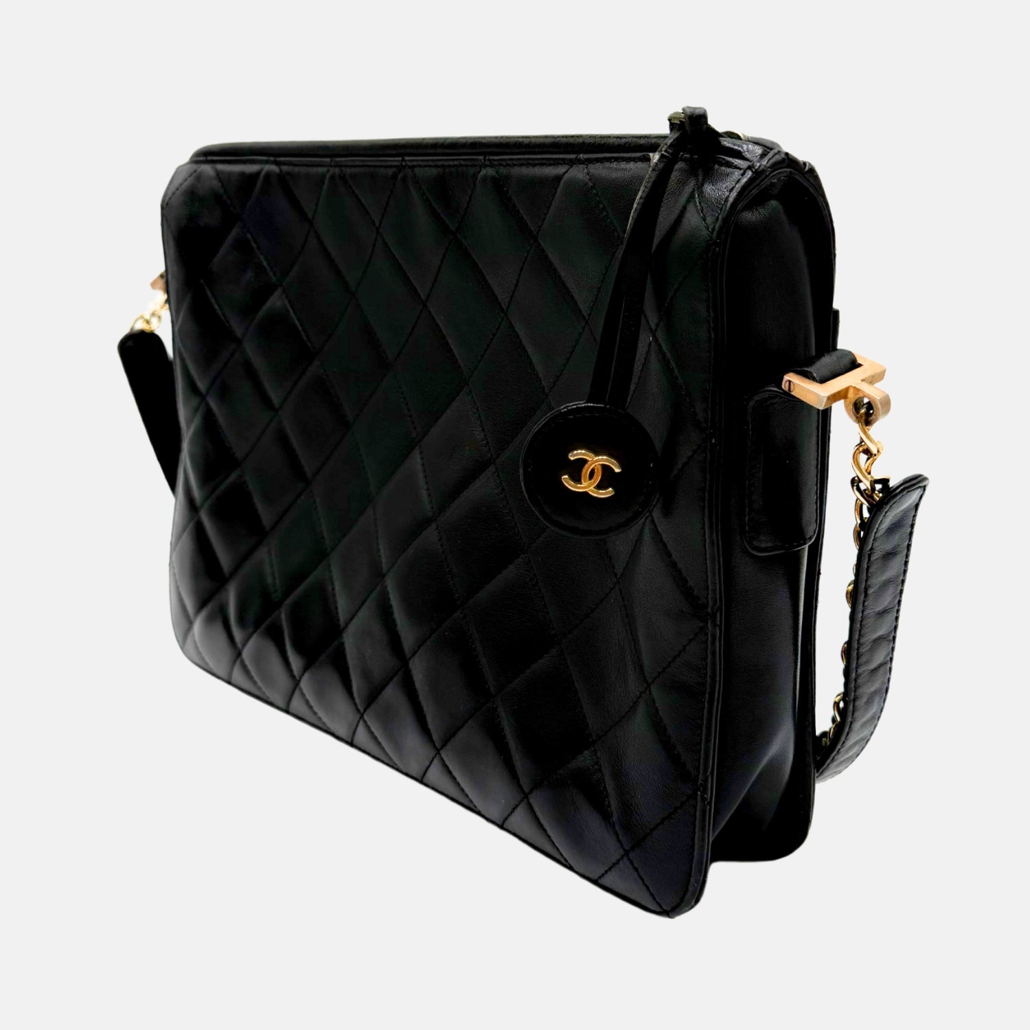 Satchel Bag Black Leather Matelasse Vintage