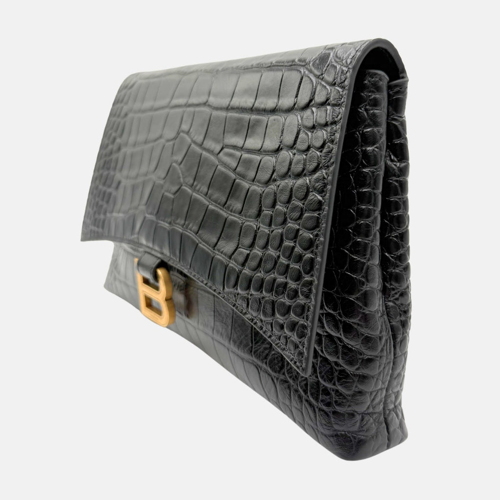 Crush Pouch Black Embossed Crocodile Medium
