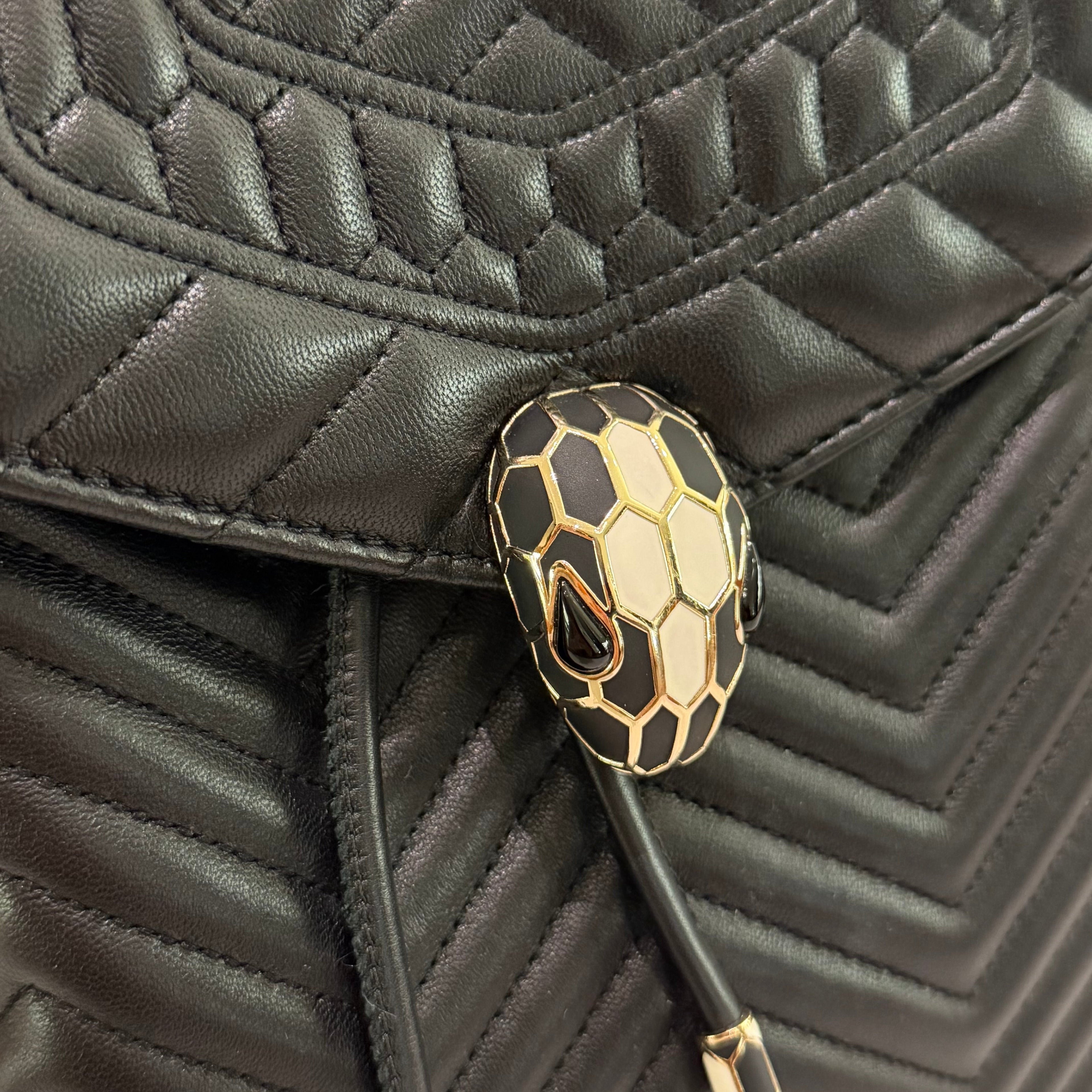 Bvlgari Serpenti Forever Black V-Quilted Enamel Snakehead Backpack