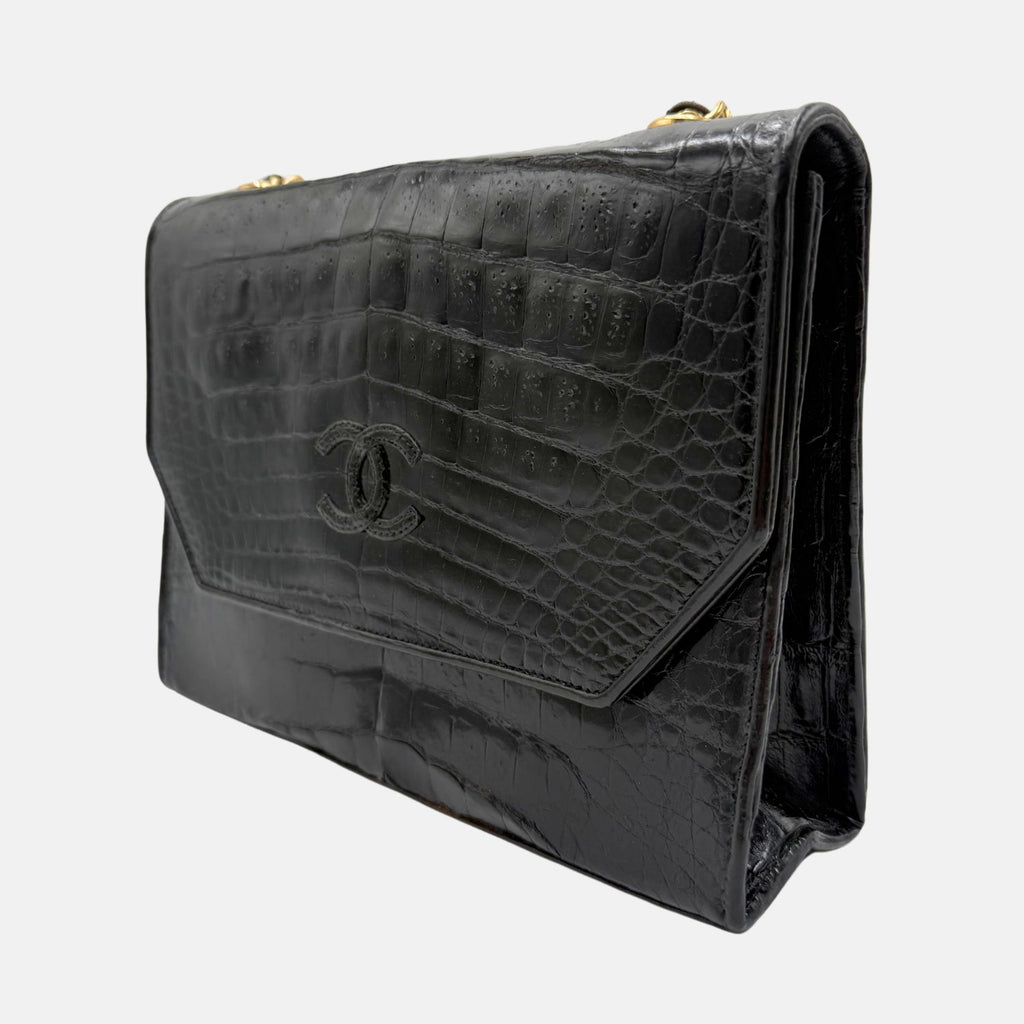 Flap Bag Black Crocodile Leather Medium
