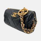 Pearl CC Medallion Chain Mini Bowling Bag Black Quilted Lambskin