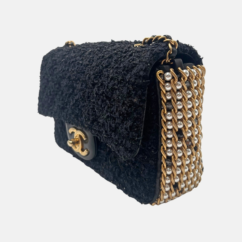 Classic Flap Bag Black Bouclé Tweed with Pearl Details