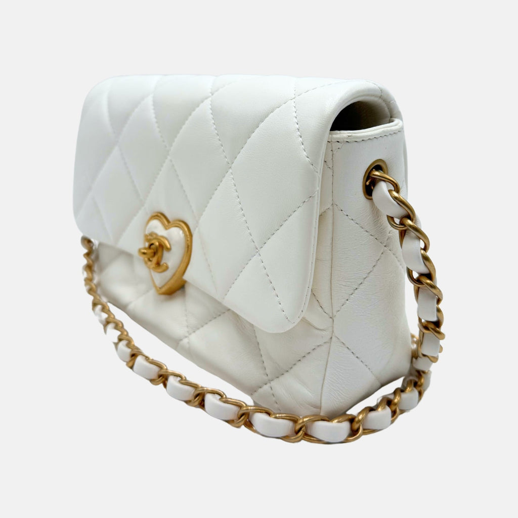 Coco Love Heart Flap Bag White Quilted Lambskin
