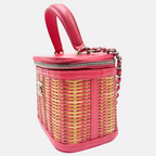 Small Take Away Vanity Case Rattan and Pink Calfskin