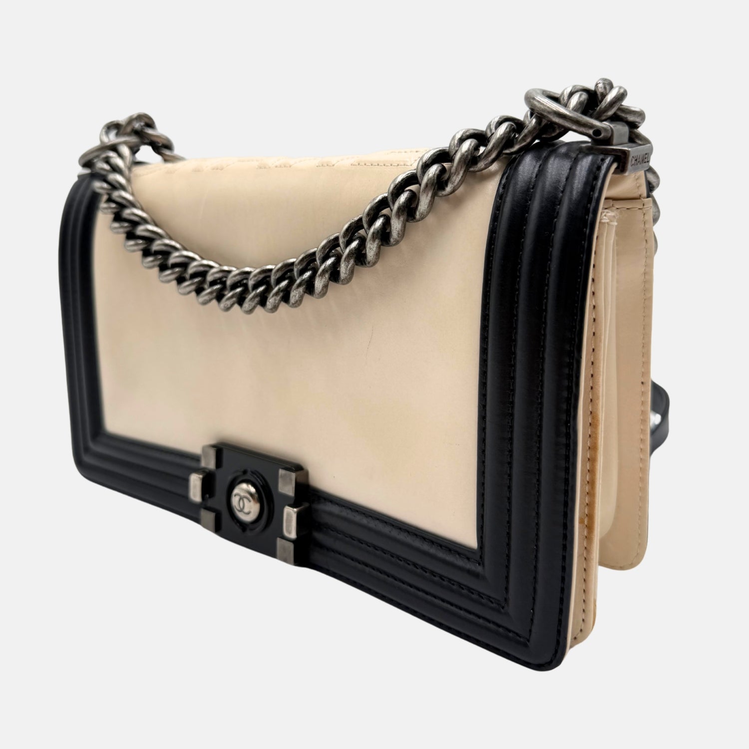 Boy Bag Black and Cream Leather Medium