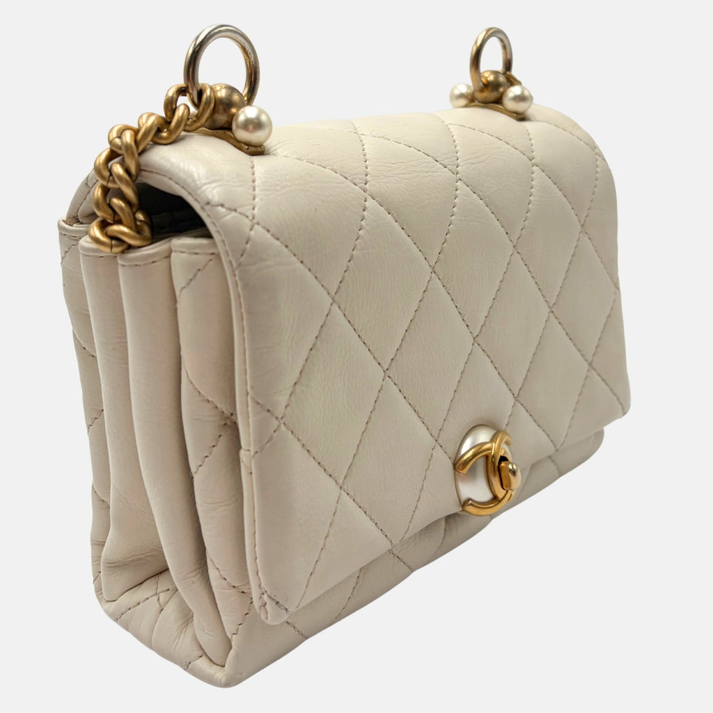 Mini Flap Bag White Quilted Lambskin with Pearl Detail