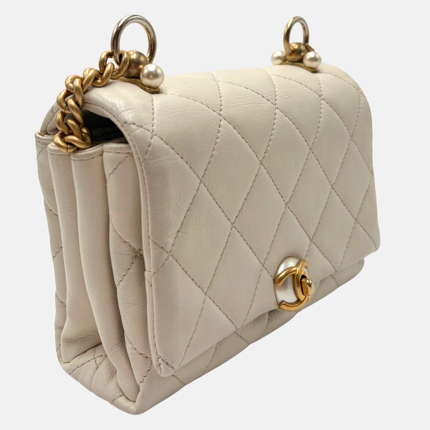 Mini Flap Bag White Quilted Lambskin with Pearl Detail