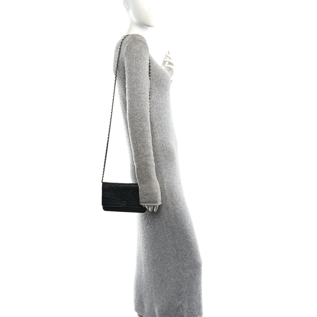 Lambskin Camellia Embossed Wallet on Chain WOC Black
