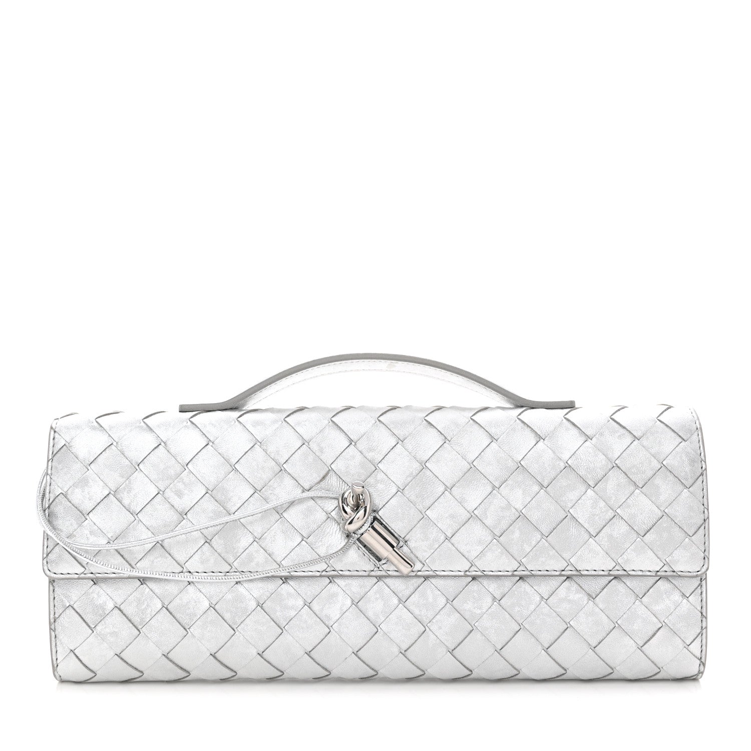 Metallic Lambskin Intrecciato Long Andiamo Top Handle Clutch Silver