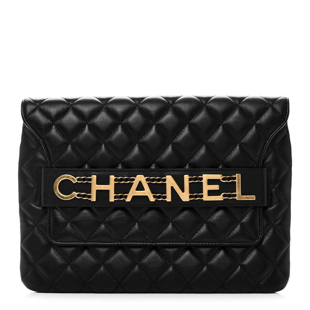 Calfskin Quilted Front Logo Enchained Clutch Black