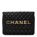 Calfskin Quilted Front Logo Enchained Clutch Black