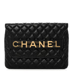 Calfskin Quilted Front Logo Enchained Clutch Black
