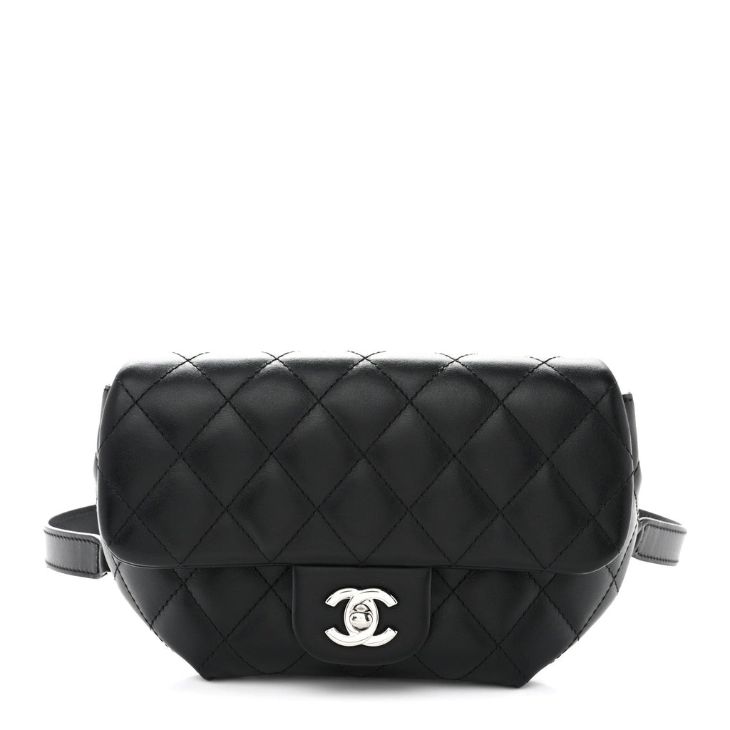 Calfskin Quilted CC Uniform Flap Belt Bag Black