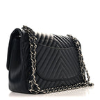 Lambskin Chevron Quilted Jumbo Double Flap Black