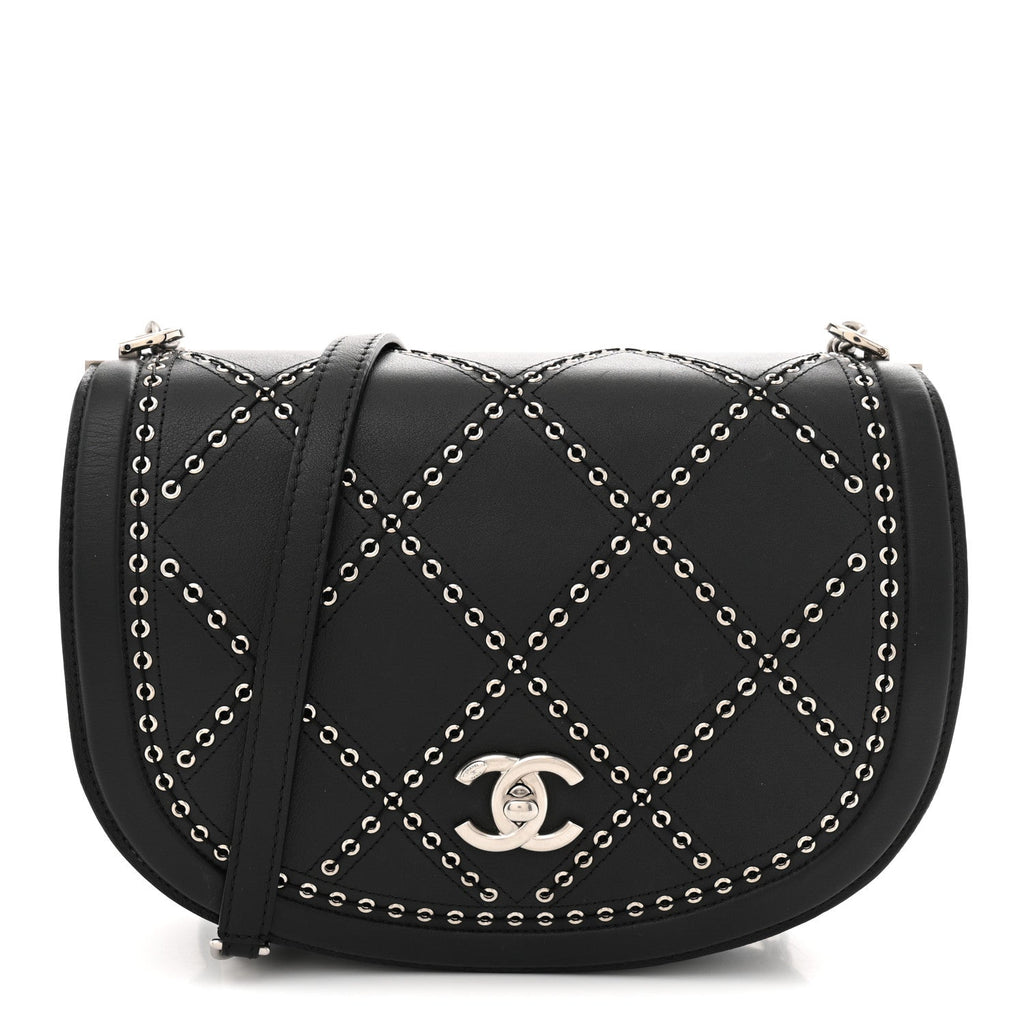 Calfskin Coco Eyelets Small Flap Bag Black