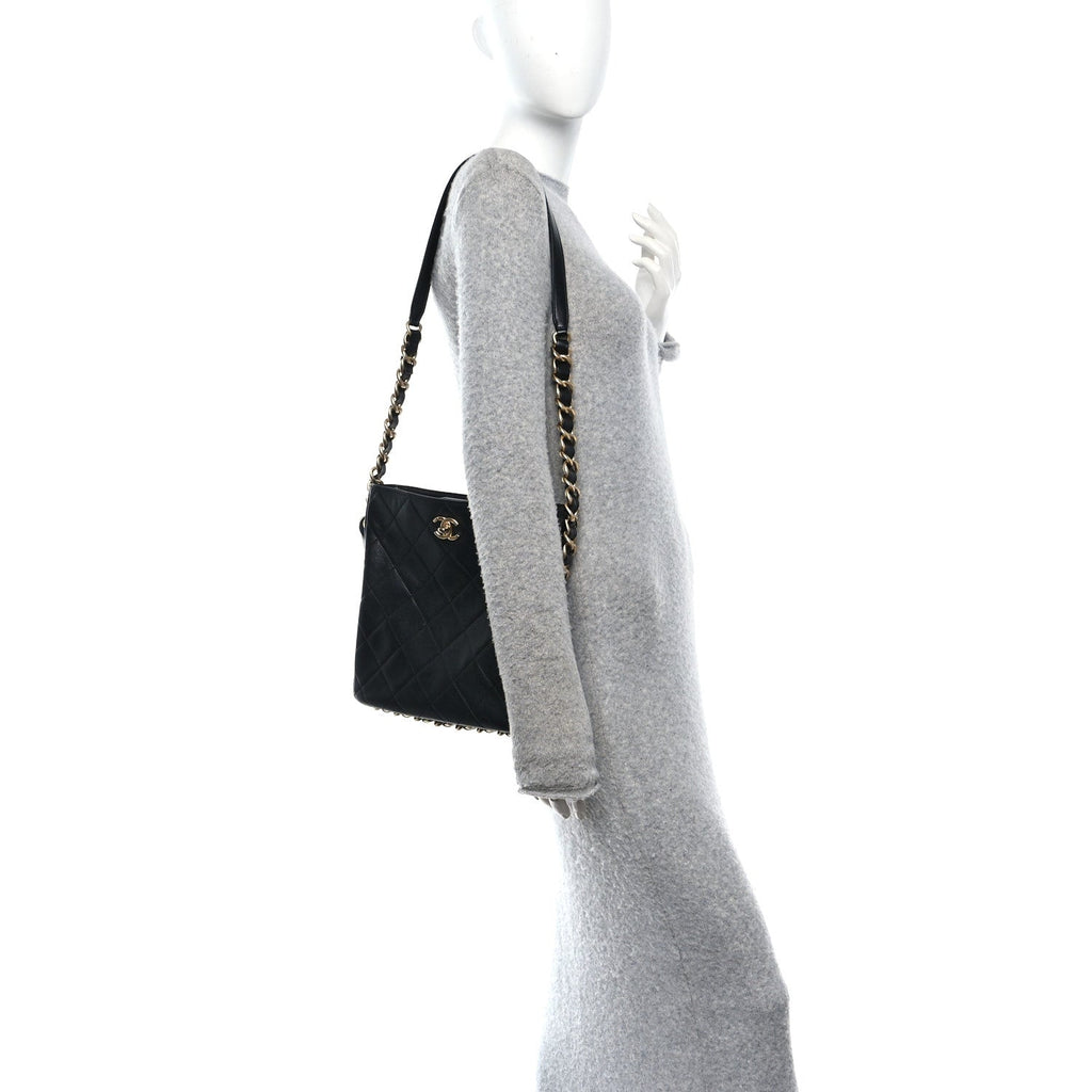 Calfskin Quilted Framing Chain Hobo Black