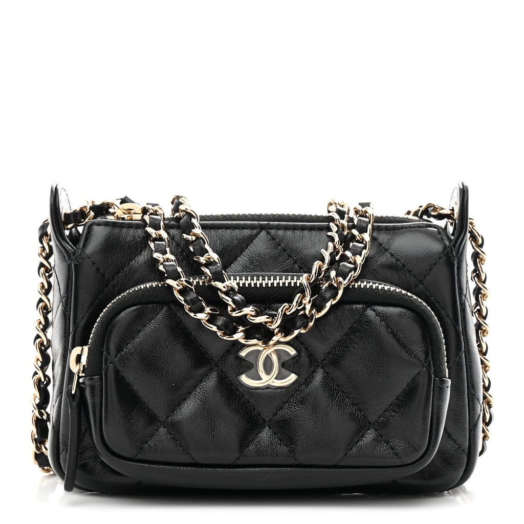 Shiny Crumpled Lambskin Quilted Mini Clutch With Chain Black