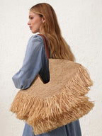 Natural Goldentime Medium Raffia Fringe Tote