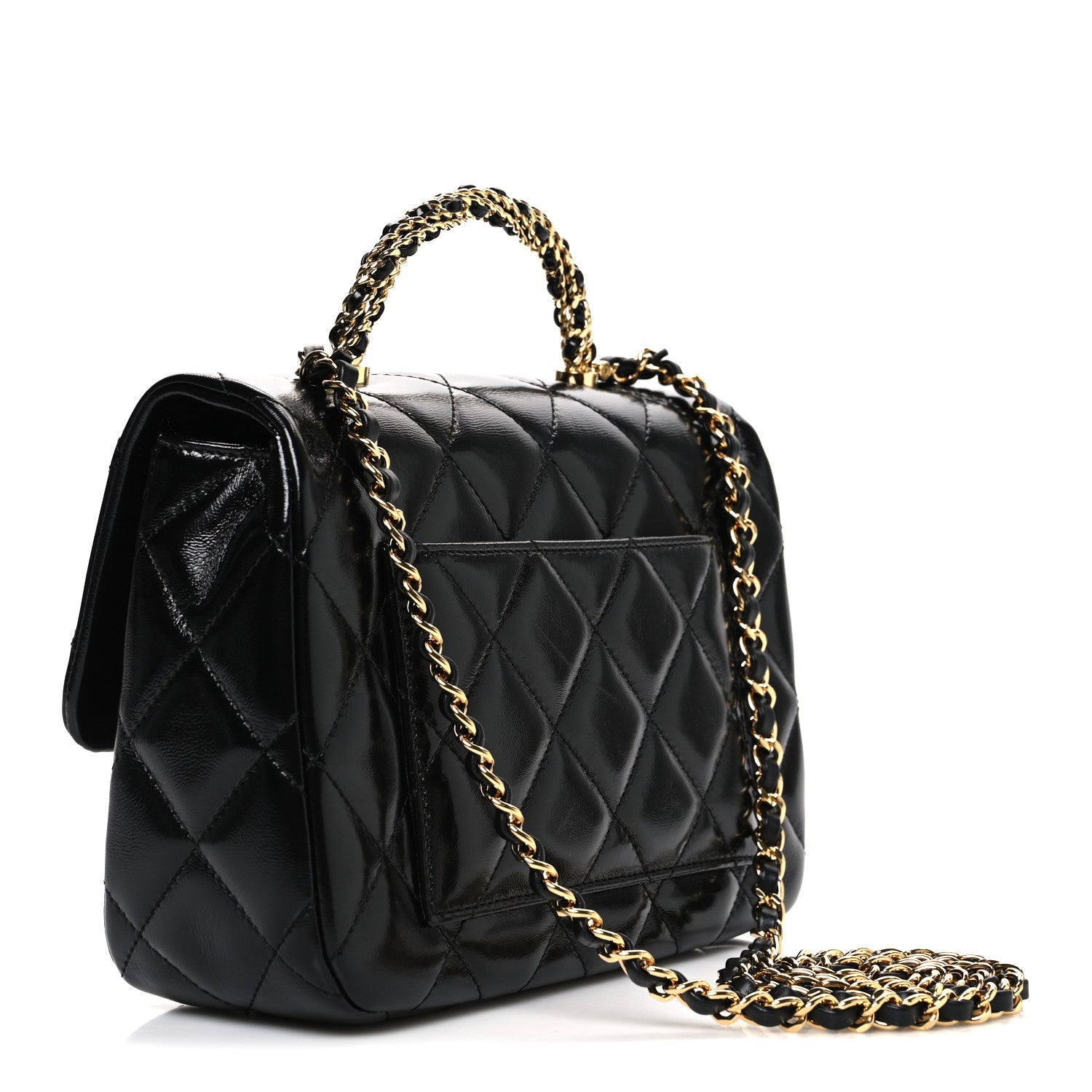Shiny Lambskin Quilted Twisted Links Top Handle Flap Black