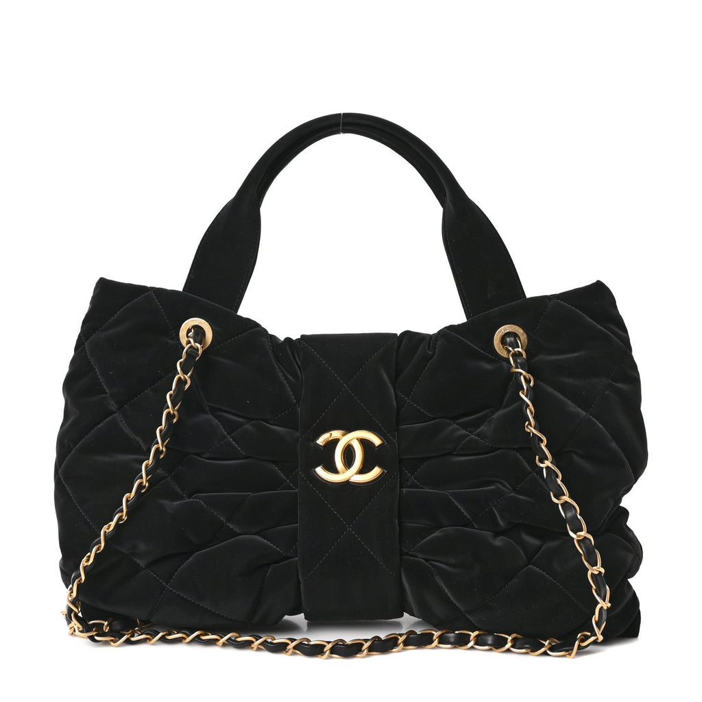 Velvet Effect Nylon Quilted Bow Bag Black