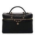 Goatskin Quilted Top Handle Slim Vanity With Chain Black