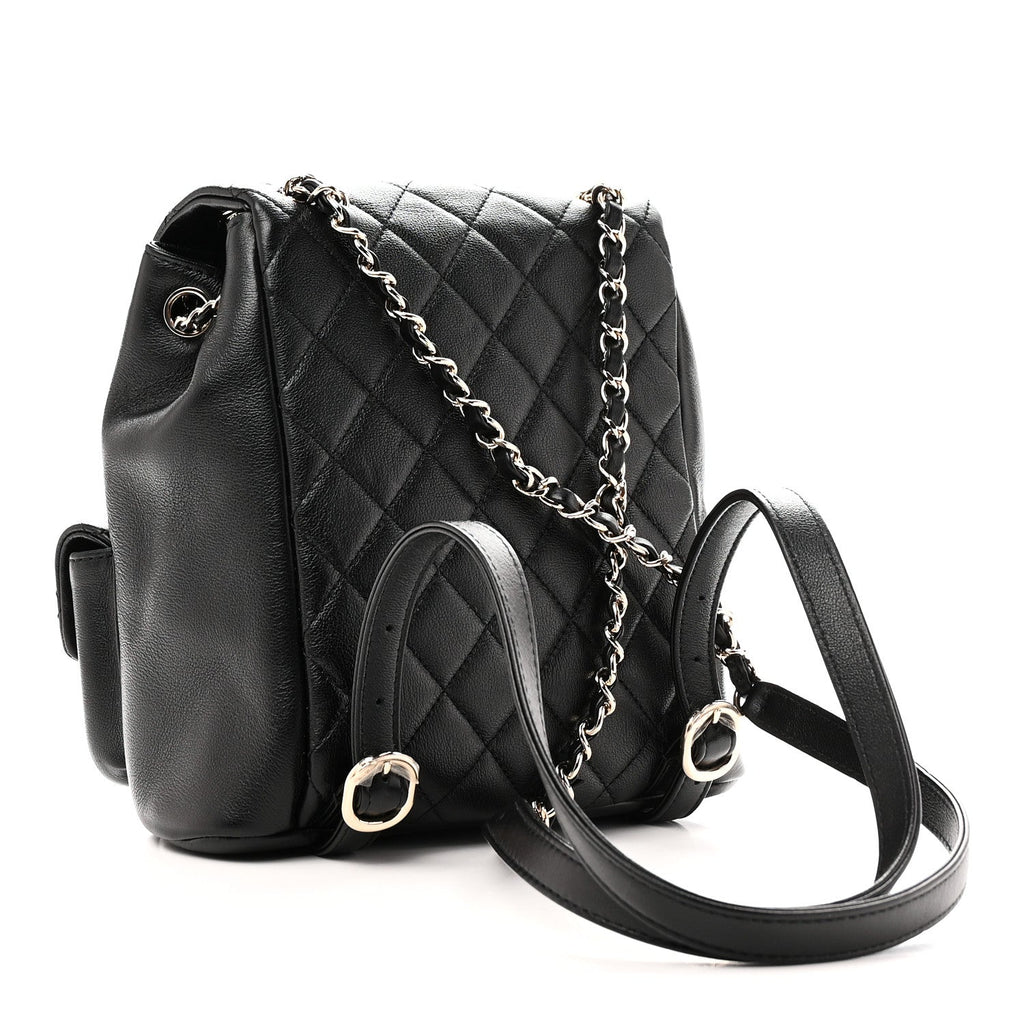Calfskin Quilted Medium Duma Pockets Drawstring Backpack Black
