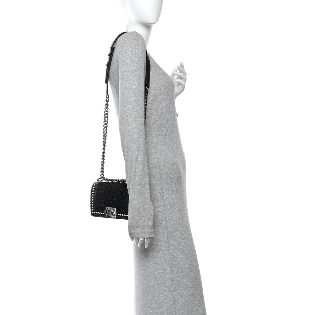 Calfskin Pearl Tweed Small Boy Flap Black