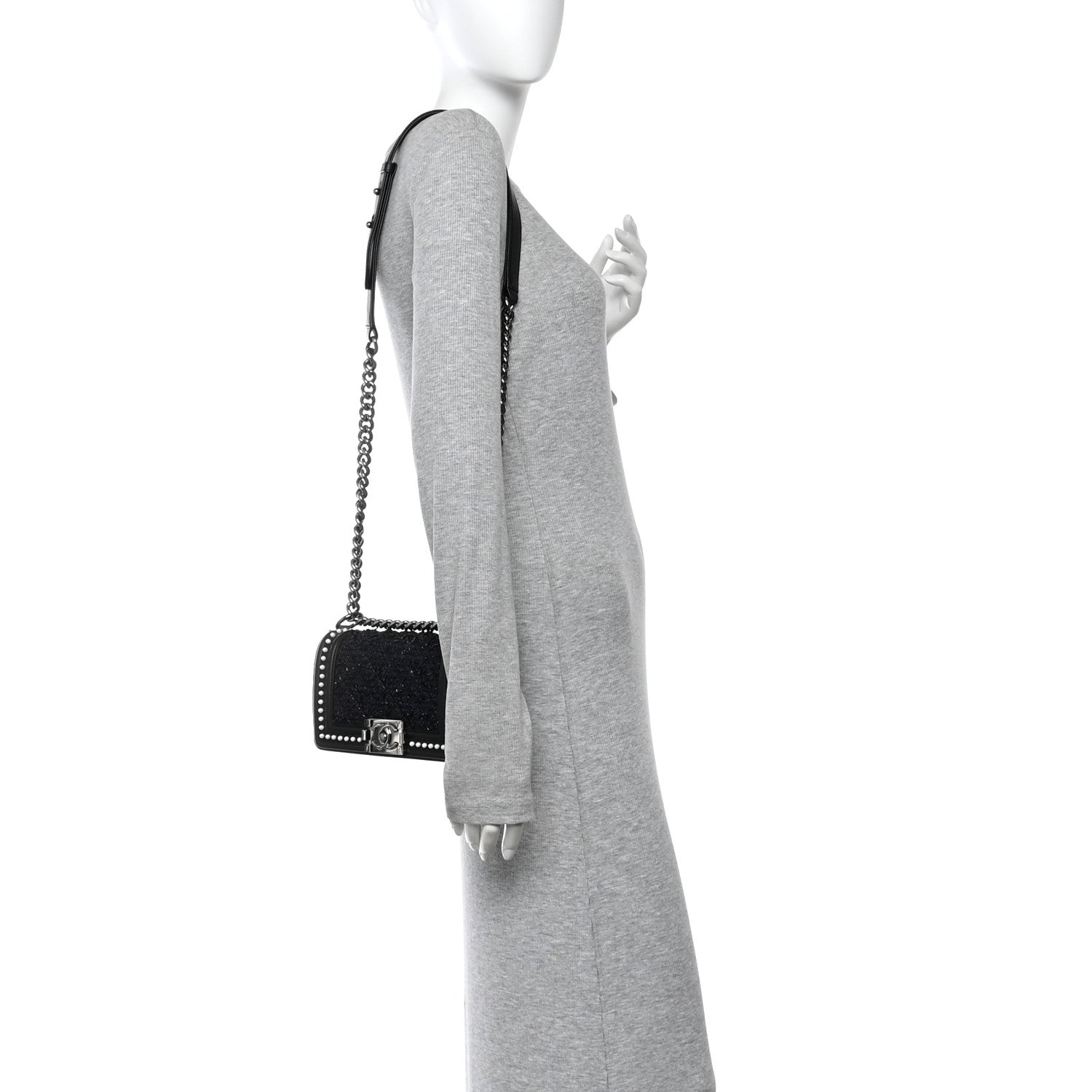 Calfskin Pearl Tweed Small Boy Flap Black