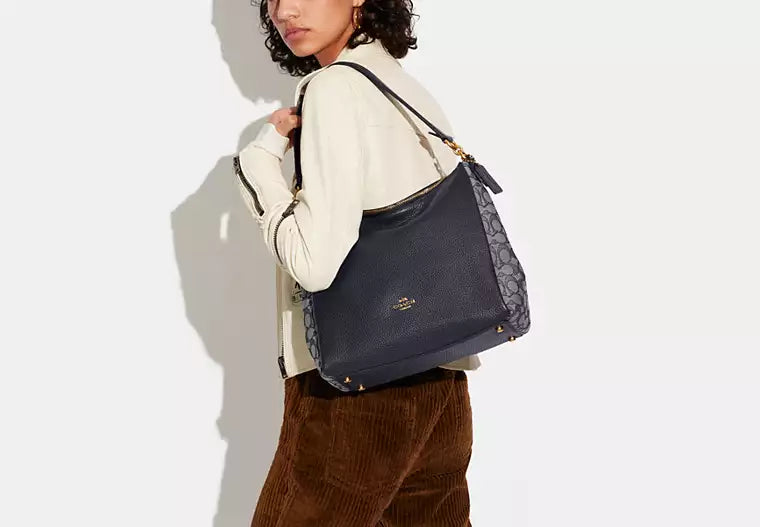 Coach Signature Jacquard Shay Leather Shoulder Bag Handbag Purse Navy Blue NEW