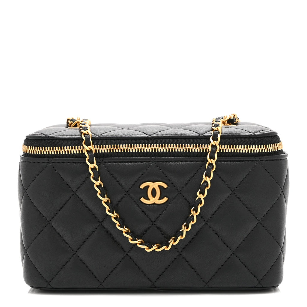 Lambskin Enamel Quilted Small Coco Hearts Vanity Case With Chain Black