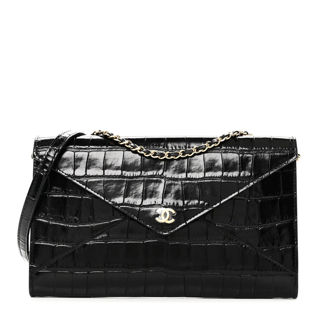 Calfskin Crocodile Embossed Envelope Clutch With Strap Black