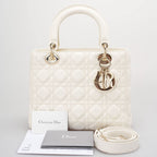 Christian Dior White Medium Lady Dior Bag in Cannage Lambskin Leather with Gold Hardware